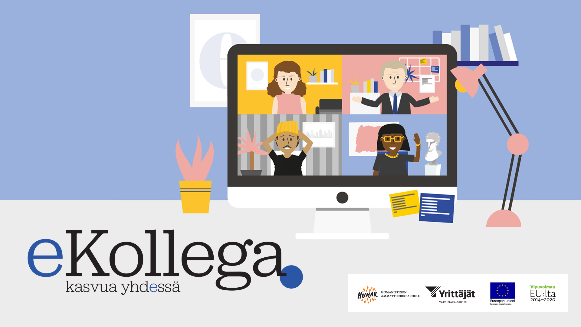 Piirroskuva työpöydästä, jossa on tietokone auki. Tietokoneen ruudulta näkyy neljä henkilöä. Kuan päällä eKollega-hankkeen logo.