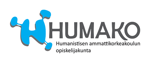 HUMAKO logo sini musta, sinisellä H-mukailtu tunnuslogo.