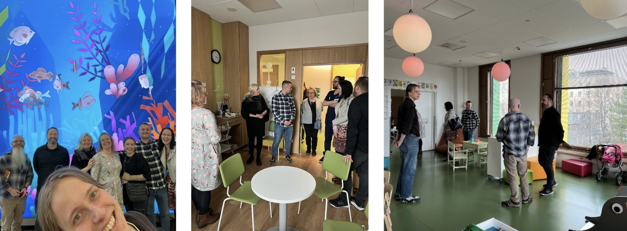 Picture 1: Seven people standing in line and smiling, one person right in front of the camera. On the background a huge cartoon aquarium.Picture 2: Six people standing in a room, listening to one person in the doorway. Colorful furniture.
Picture 3: Five people standing in a quite big room and looking around. Many colorful toys in the room.
