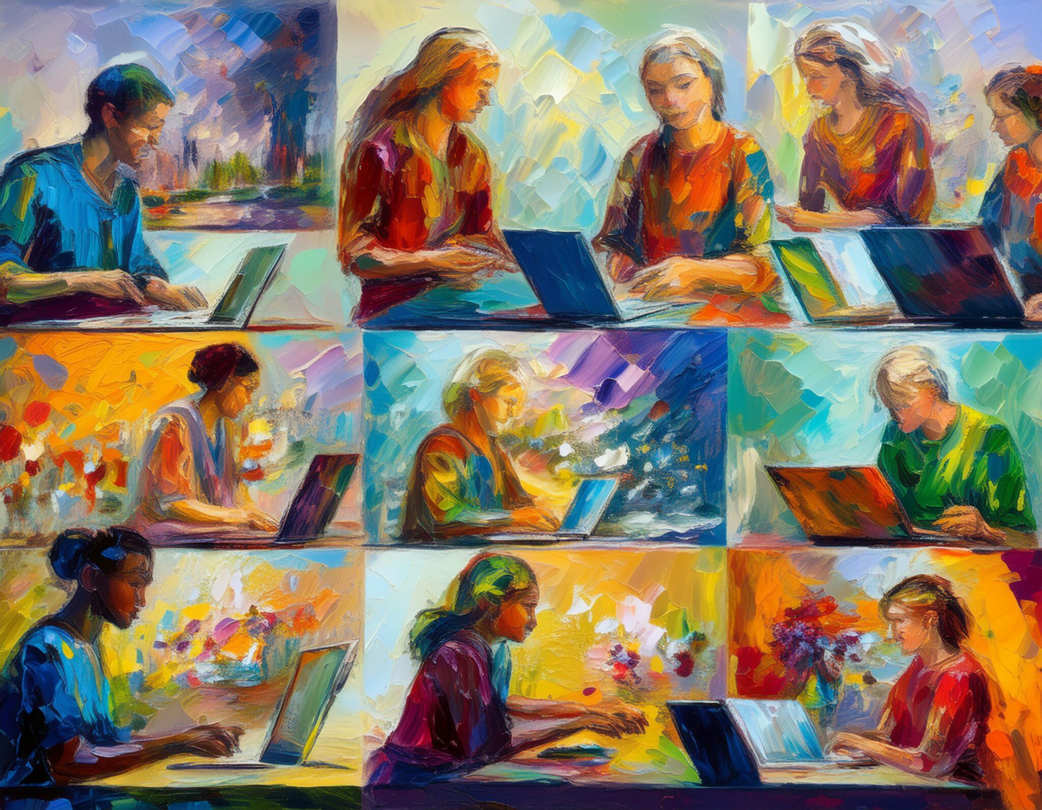 Kuvassa on 9 ruutua, joissa jokaisessa on ihmisiä tietokoneen äärellä. Kuva on taiteellinen, tyyli impressionistinen. 