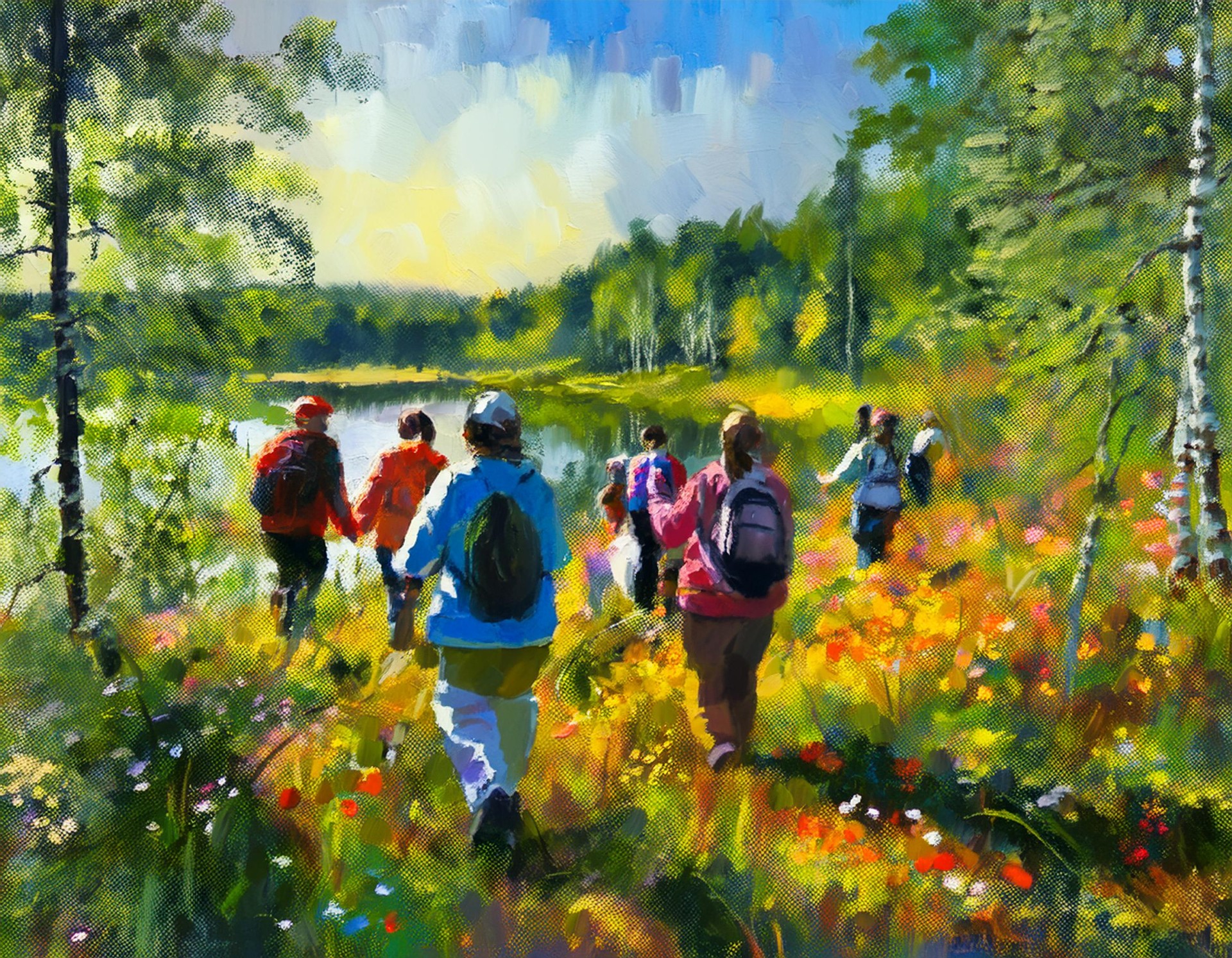 Nuoria kuvattuna takaapäin luonnossa. Nuorten edessä on järvi, taustalla koivikkoa, maaruska on alkanut. Nuoret ovat metsäleirillä, heillä on reput selässä ja maastoon sopiva vaatetus. 