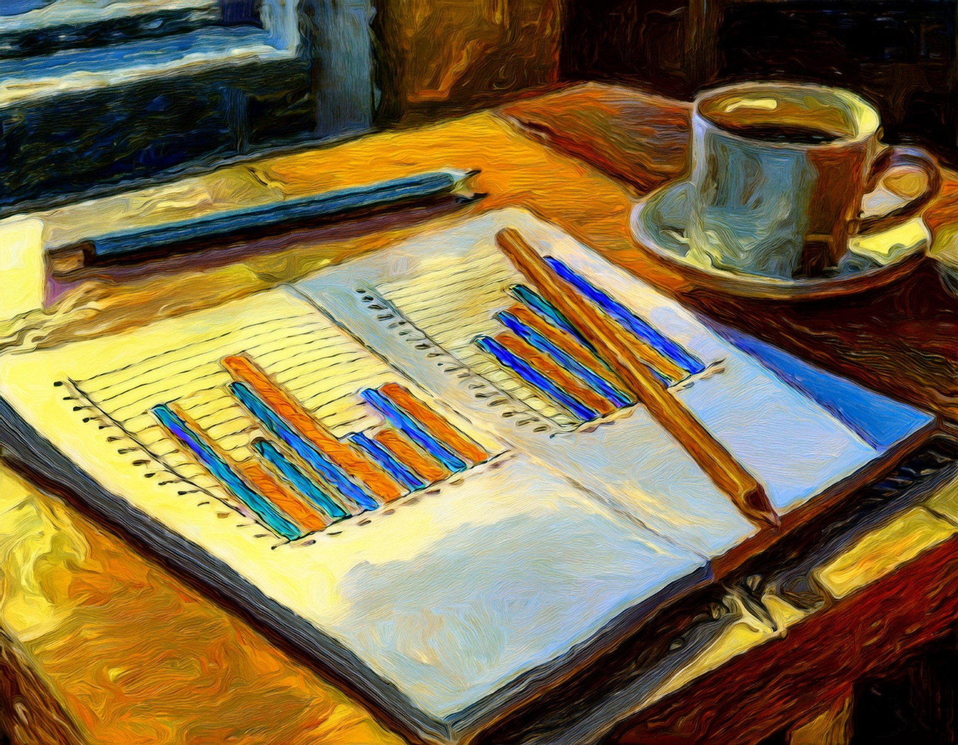 Puisella pöydällä on vihko, johon on luonnosteltu kahdella värillä tilastopylväitä. Pöydällä on kaksi eriväristä kynää ja kahvikuppi. Pöytä sijaitsee ikkunan edessä. Kuva on taiteellinen, tyyli impressionistinen. 