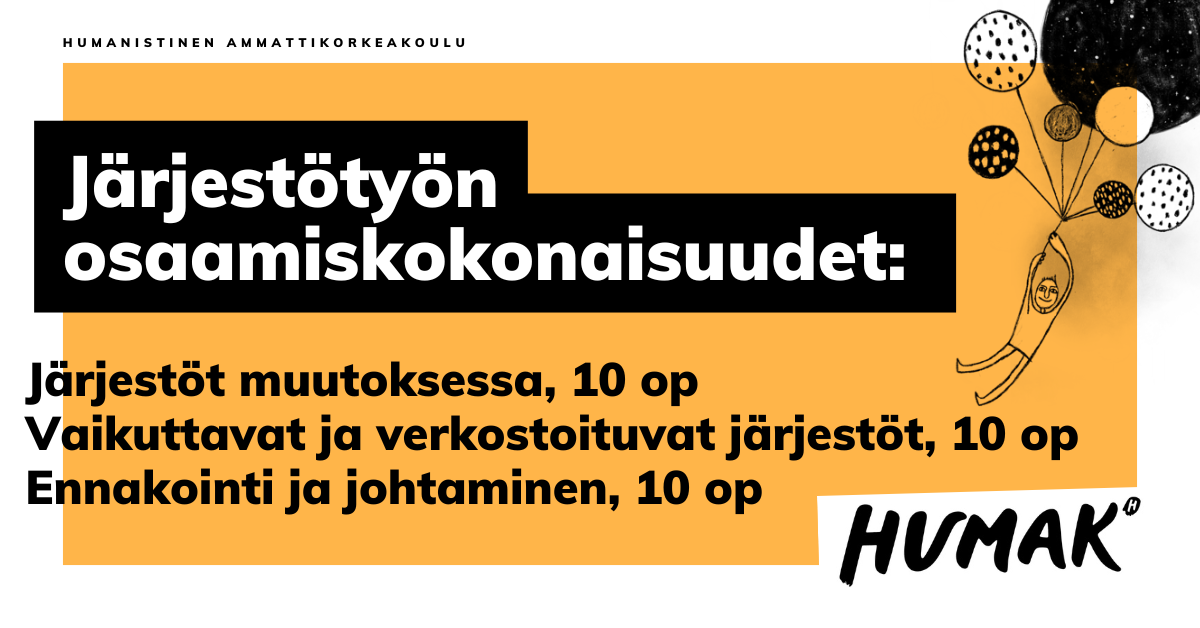 Oranssia taustaa vasten piirroshahmo ihmisestä, joka lentää ilmapallojen varassa.