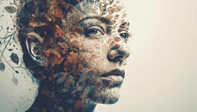 Kuvassa naisoletetun kasvot, joista kuultaa kasvistoa.