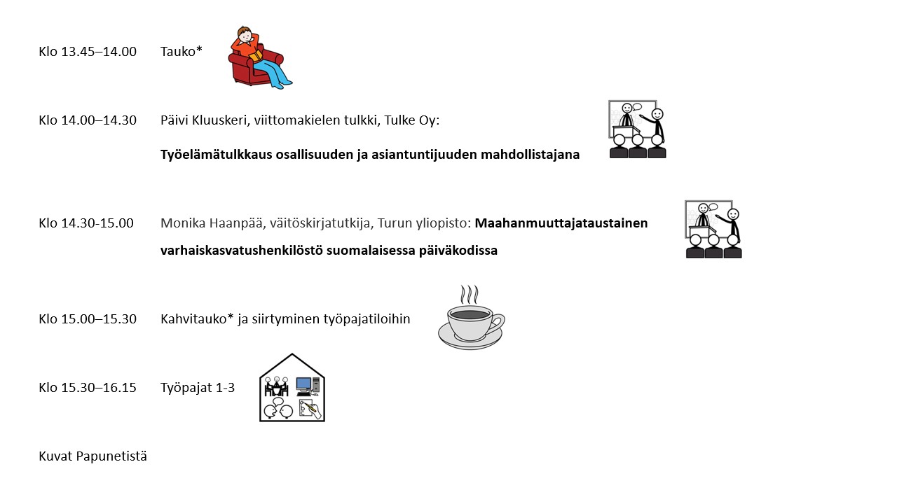 Vaakamuotoinen kuva seminaaridiasta. Diassa valkoinen pohja, jossa mustat tekstit. Kunkin rivin vasemmassa laidassa kellonaika numeroin ilmaistuna, oikealla puolella kyseisenä aikana tapahtuva ohjelma kirjoitettuna. Tekstin oikealla puolella tapahtumaa vastaava kuva.