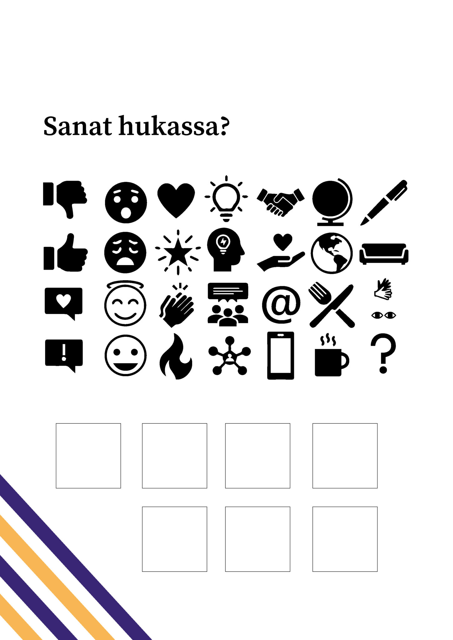 Pystymallinen lomake, jossa on paljon mustia yksinkertaisia kuvia sekä tyhjiä neliönmuotoisia ruutuja. Kuvina esimerkiksi erilaisia ilmeitä sekä kysymysmerkki.