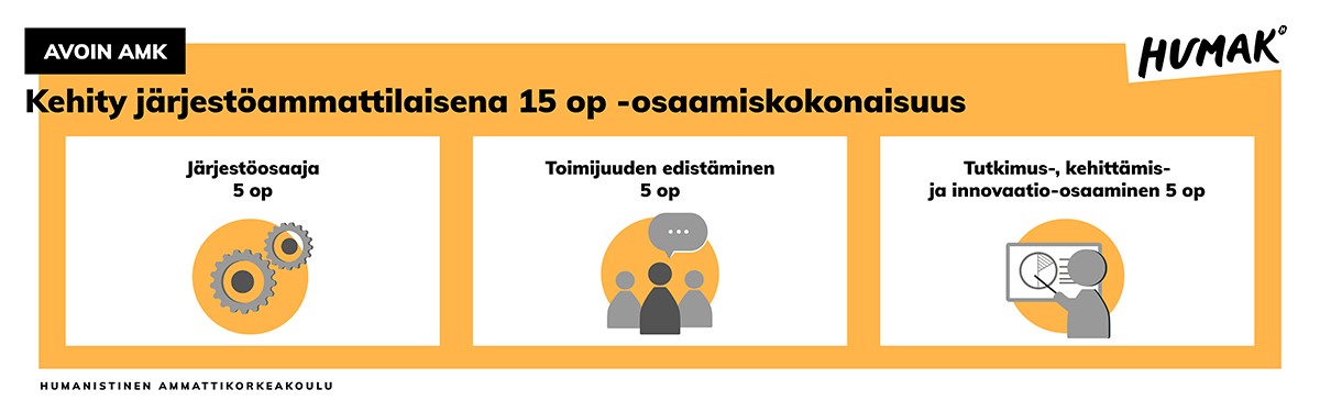 Oranssipohjainen banneri jossa osaamispaketin osiot graafisena kuvana.