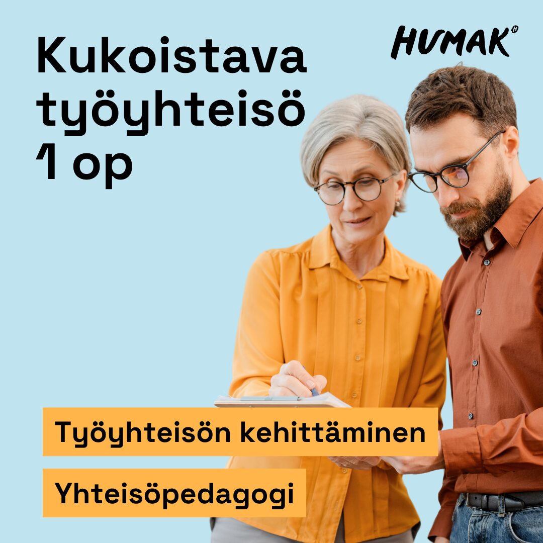 Kuvassa vanhempi naishenkilö selittää jotain nuoremmalle miehelle paperista. Tekstit kukoistava työyhteisö, työyhteisön kehittäminen, yhteisöpedagogi ja Humakin logo.