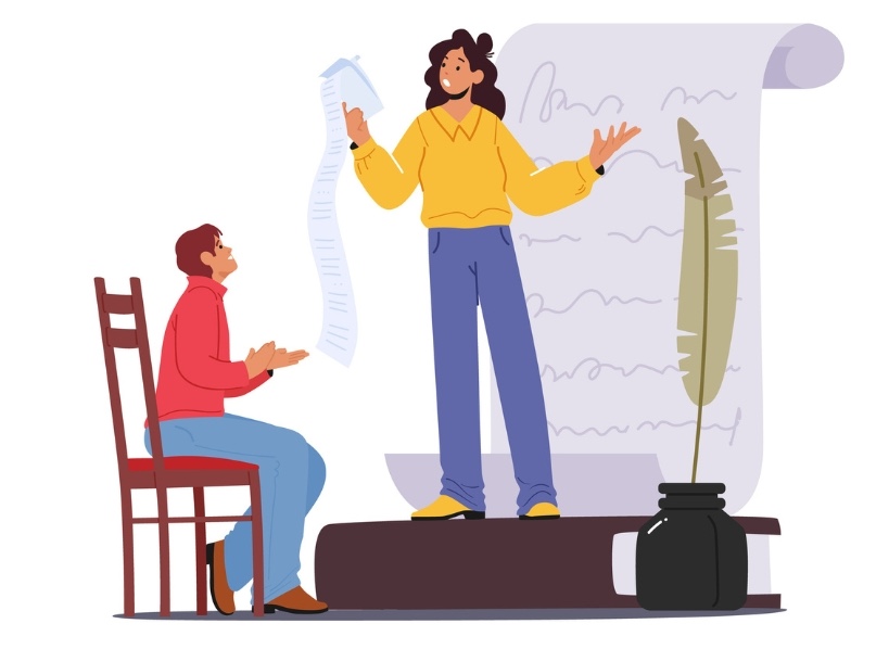 Piirroskuva: Keltaiseen paitaan pukeutunut nainen lukee runoa pitkästä paperista, samalla kuin taustalla on iso tekstiä sisältävä paperi sekä sulkakynä. Nainen seisoo kirjan päällä. Punaiseen paitaan pukeutunut mies istuu tuolilla ja näyttää kuuntelevan runonluentaa haltioituneena. 