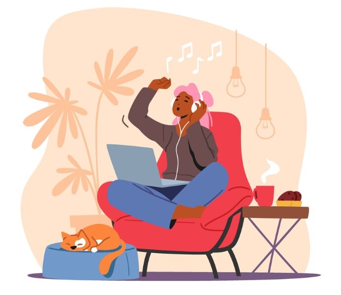 Piirros: Nainen istuu punaisessa nojatuolissa läppäri sylissä ja kuuntelee kuulokkeilla musiikkia ja laulaa mukana. Naisen vieressä on nukkuva kissa, höyryävä kahvikuppi ja leivonnainen. 