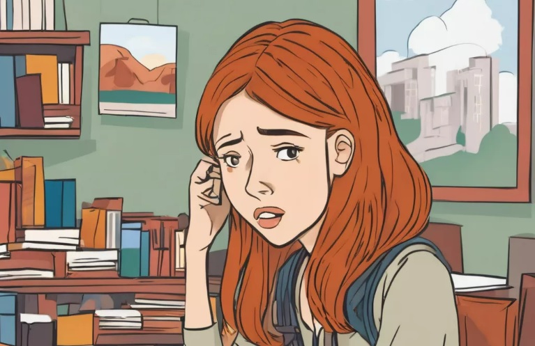 Sarjakuvamainen kuva epävarmasta ja turhautuneesta opiskelijasta liian vaikean tehtävän äärellä.