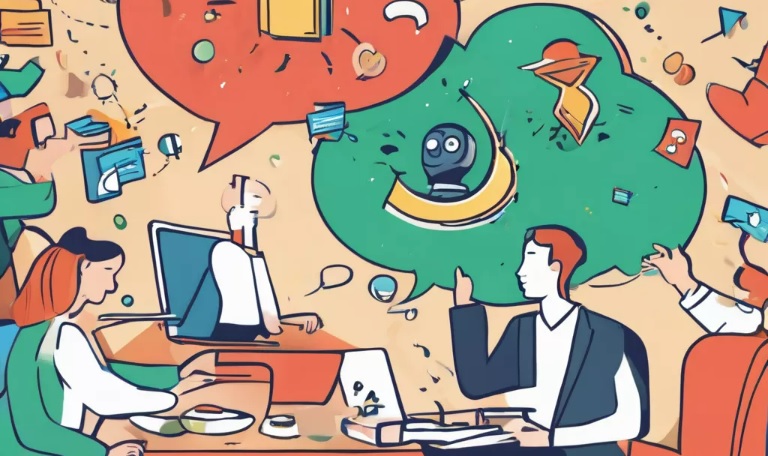 Opiskelijoita tietokoneillaan keskustelemassa chatbottien kanssa. Ilmassa lentää ajatus- ja puhekuplia, joissa on erilaisia värejä ja symboleja sikin sokin.