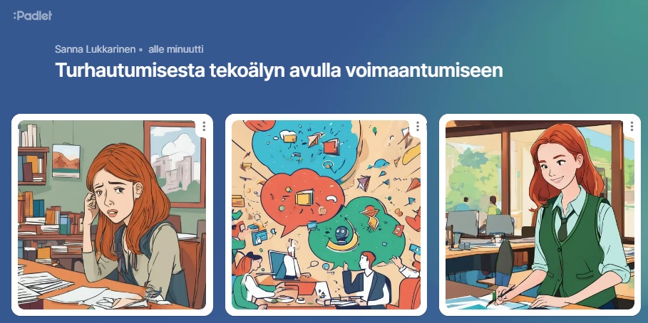 Sarjakuva, jossa ensimmäisessä kuvassa turhautunut opiskelija on kulmat kurtussa ja olkapäät lannistuneina. Toisessa kuvassa ideoita lentää eri värein ja symbolein puhe- ja ajattelukuplissa. Kolmannessa kuvassa opiskelija istuu opiskelutehtävän äärellä ryhdikkäänä ja hymyilee.