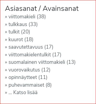 Theseuksen asiasanaluettelo opinnäytetöissä käsitellyille tulkkauksen eri osa-alueille.