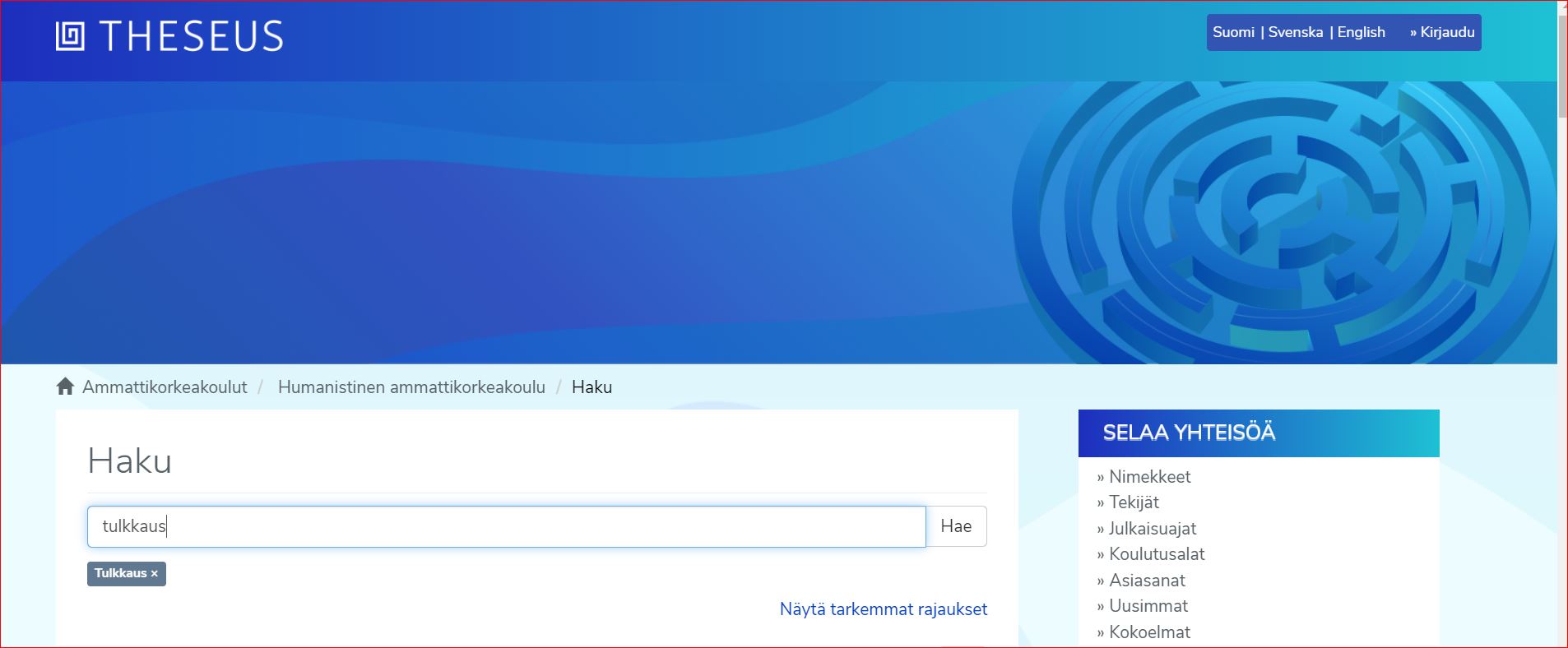 Kuvakaappaus Theseus-tietokannan hakusivusta. Haku on rajattu tulkkausta käsitteleviin Humakin opinnäytetöihin.