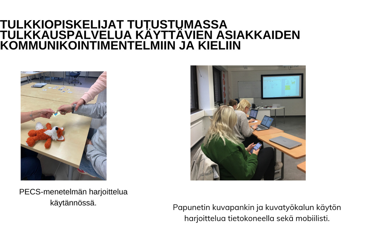 Kuvassa kaksi eri valokuvaa, joissa puhevammaisten tulkkien opiskelijoista luokkaopiskelukuvia.