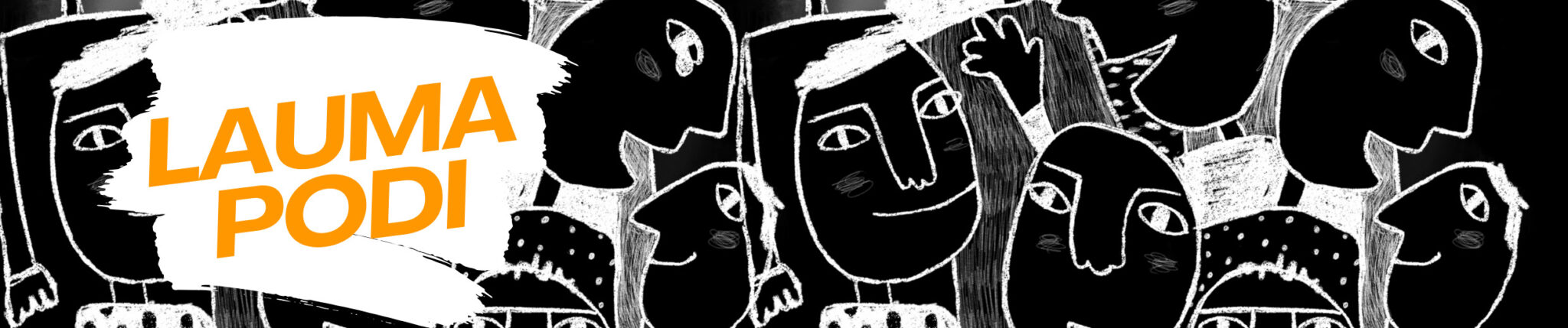 Valkoisia piirroshahmoja mustalla taustalla. Valkoinen maaliroiske. Teksti Laumapodi.