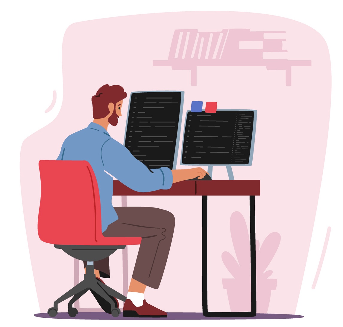 Character Working Intently At Their Computers, Each Engrossed In Their Tasks, Showcasing A Collaborative And Focused Workspace Filled With Technological Innovation. Cartoon People Vector Illustration