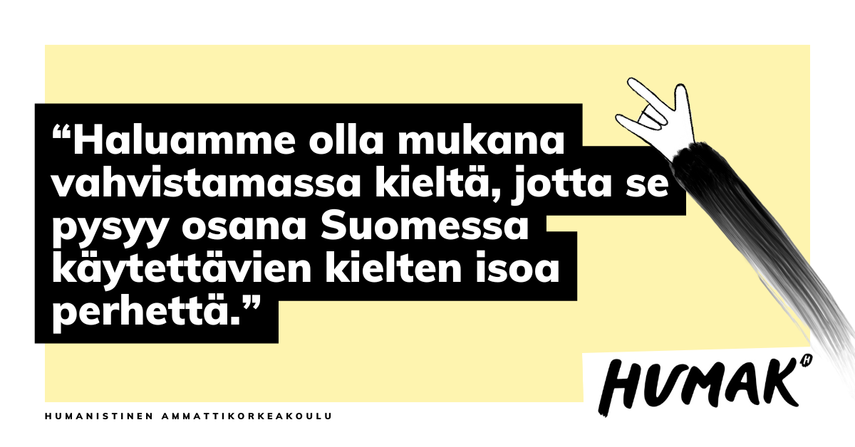 Keltaista taustaa vasten sitaatti ja piirroskuva kädestä, joka viittoo.