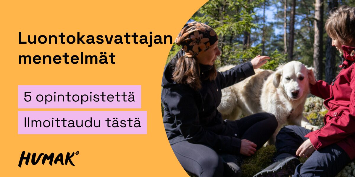 kaksi naista ja labradorin noutaja, tekstit luontokasvattajan menetelmät, 5 opintopistettä, ilmoittaudu tästä ja logo Humak.