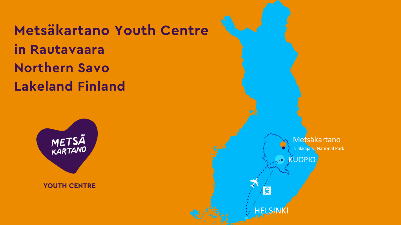 Kuvassa graafinen piirroskartta Suomen kartasta, johon on merkitty Metsäkartano ja sinne kulkeminen viivoina ja sijaintina. Tekstit ovat englanniksi. 