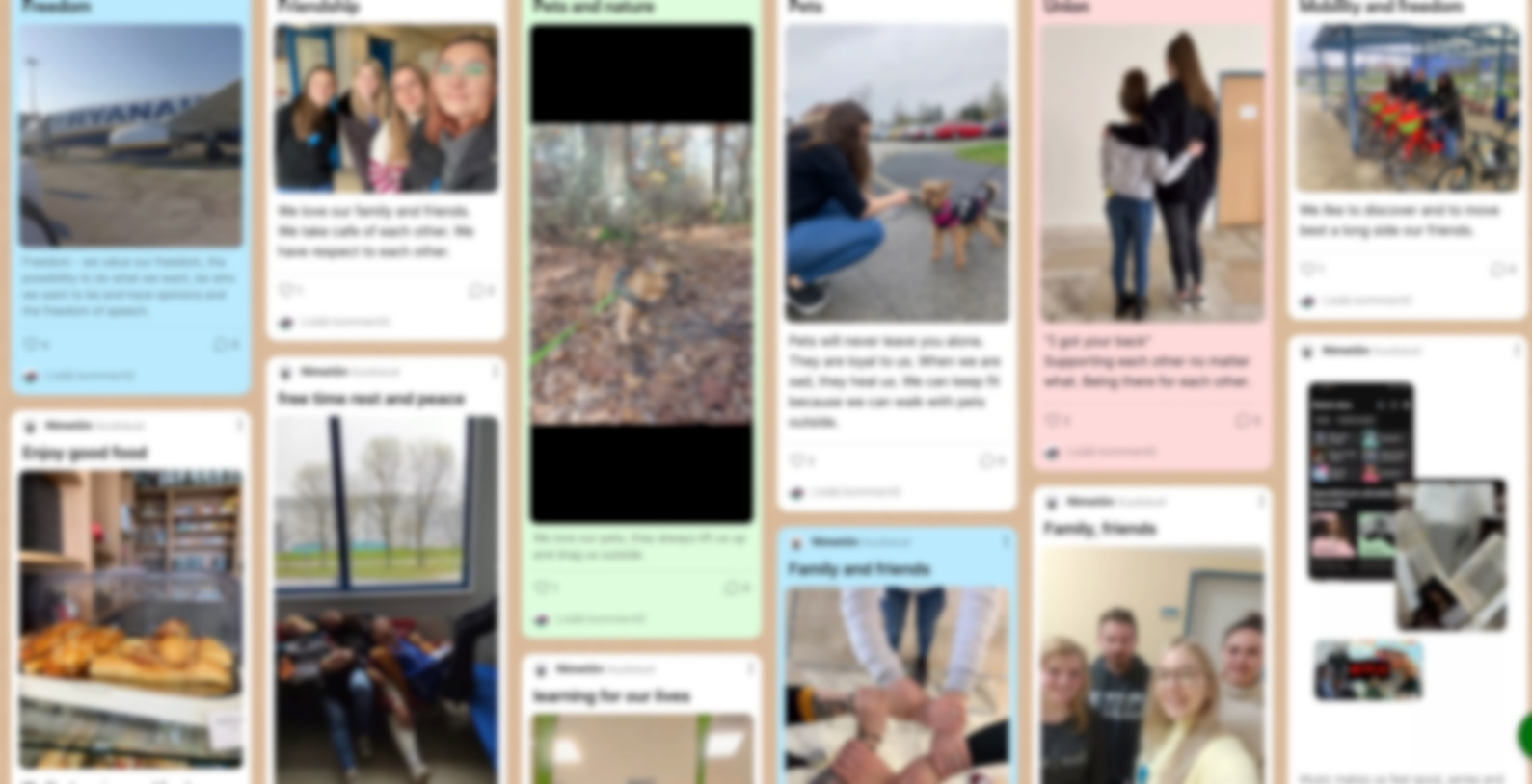 Sumenettu kollaasi kuvista ja teksteistä Padlet-sovelluksessa.