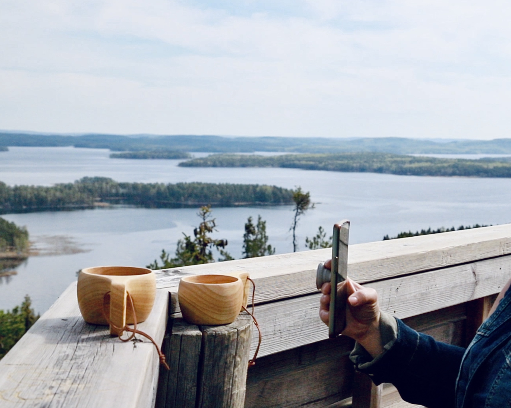 Kaksi kuksaa näköalatasanteen kaiteella. Kuvan oikeassa reunassa näkyy kännykkää pitelevä käsi. Taustalla vesistöä ja metsää. 