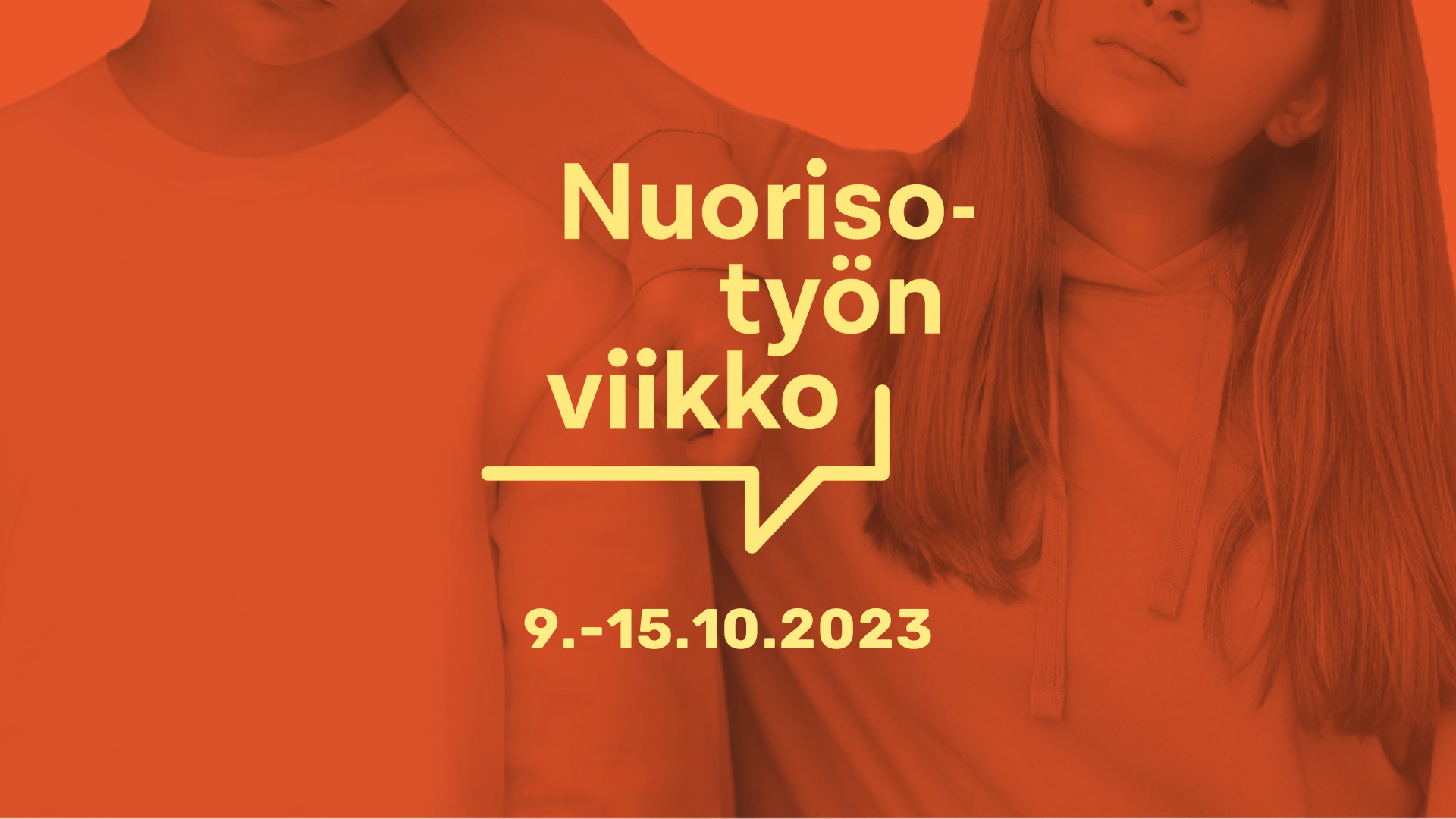Kuvasssa Nuorisotyöviikon banneri 9.-15.10.2023 ajalle. Kuvassa teksti viikosta ja epätasaisesta viivasta muodostuva kuva ja taustalla kaksi hahmoa kaulan seudulta sekä olkapäistä kuvattuna häivytettyinä kuvina.