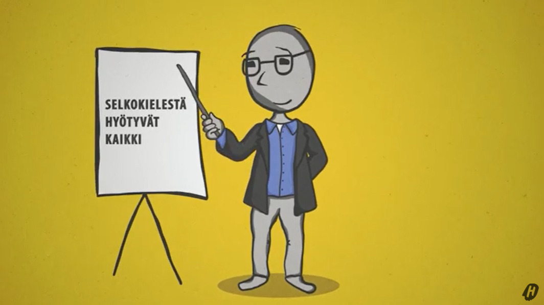 Piirroshahmo osoittaa taulua, jossa lukee "elkokielestä hyötyvät kaikki.