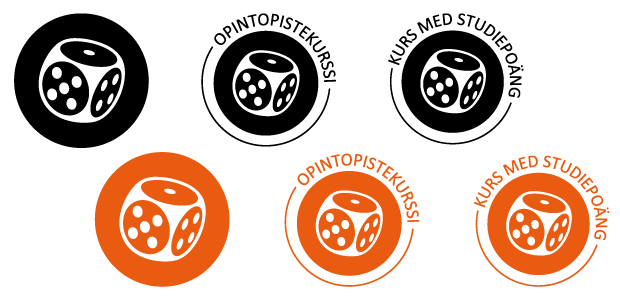 Alt: Kuusi piirrettyä noppakuvaa kahdessa päällekkäisessä rivissä. Ylärivin kolme noppaa ovat mustia ja alarivin kolme noppaa ovat oransseja. Muuten ne ovat samanlaisia. Vasemmanpuolimmaiset nopat ovat ilman tekstiä, keskimmäisissä nopissa on nopan ympärillä teksti Opintopistekurssi, ja oikeanpuoleisten noppien ympärillä lukee ruotsiksi Kurs med studiepoäng.