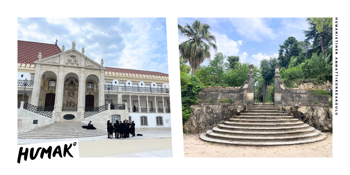 On the left a scenic photo of Combra University, on the right a garden photo where stone steps lead to lush greenery.