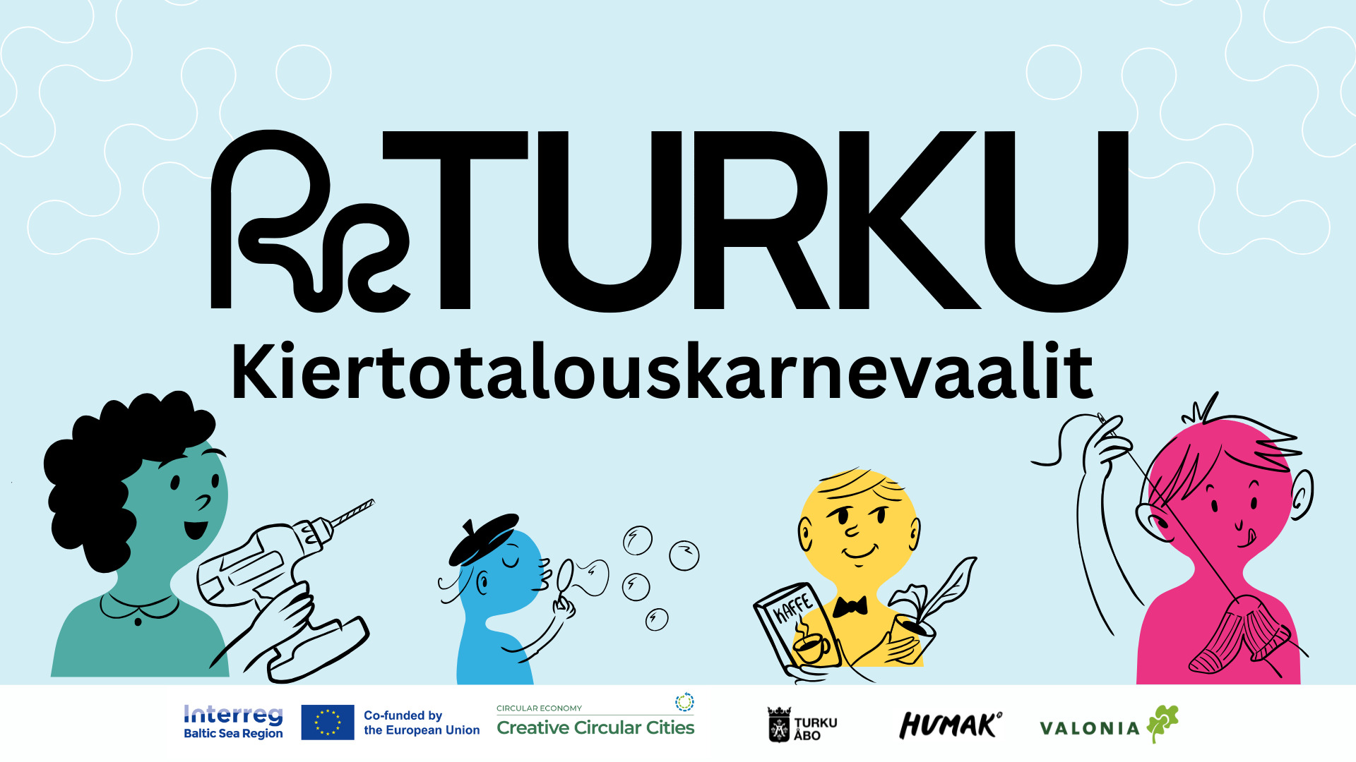 Kuvassa ReTurku hankelogo graafisilla henkilöelementeillä ja osallistujalogoilla.