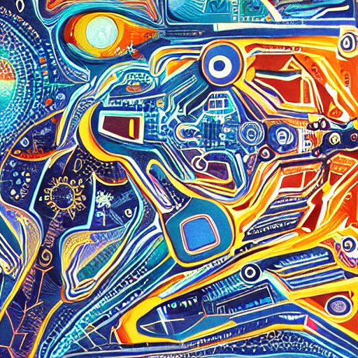 Sinisiä mutkikkaita viivoja ja alueita, joita erottaa toisistaan keltaiset ja oranssit viivat ja alueet, ikään kuin aborigeenitaiteessa. 