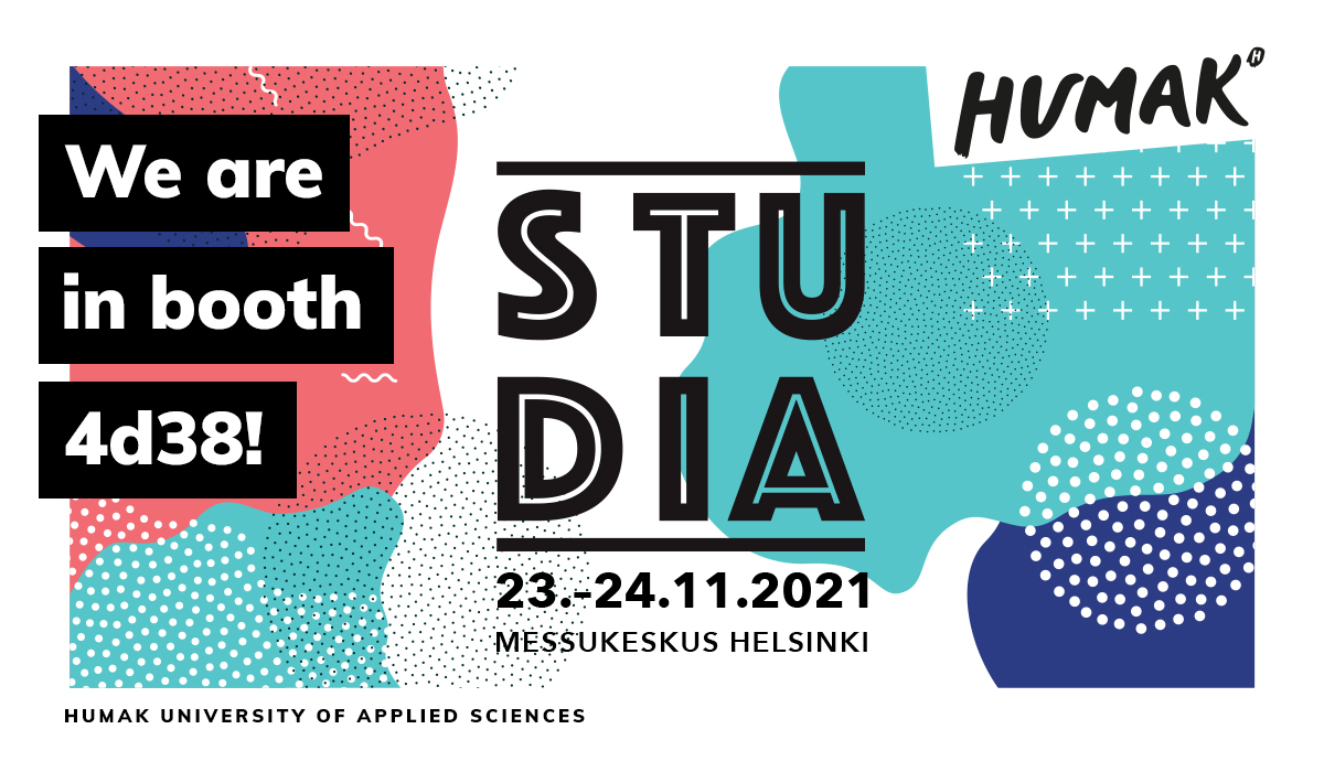 A red, white, and blue banner announcing Humak's involvement in Studia 2021 student convention. 