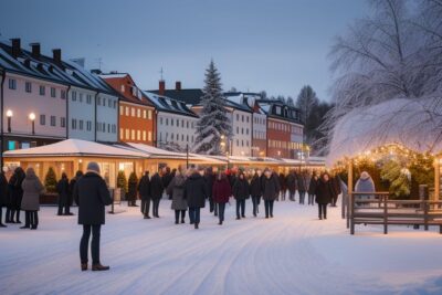 Tapahtumien tulevaisuus ja kaupunkimatkailu. Kuvassa ihmisiä talvisilla joulumarkkinoilla värikkäässä vanhan kaupungin miljöössä.