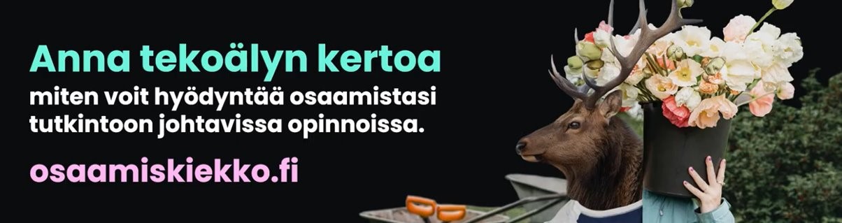 Anna tekoälyn kertoa miten voit hyödyntää osaamistasi tutkintoon johtavissa opinnoissa. Osaamiskiekko.fi. Kuvassa peuranaamioisella ihmisellä on olkapäällään ruukullinen pioneja. 