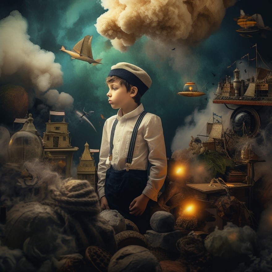 Kuvassa maalausmainen pilvi- ja taivasmaisema, jossa lentää lintu ja kuvan etualalla on merimieslakkipäinen pikkupoika valkoisessa paidassa ja henkselihousuissa. Kuva on luotu tekoälyllä. 