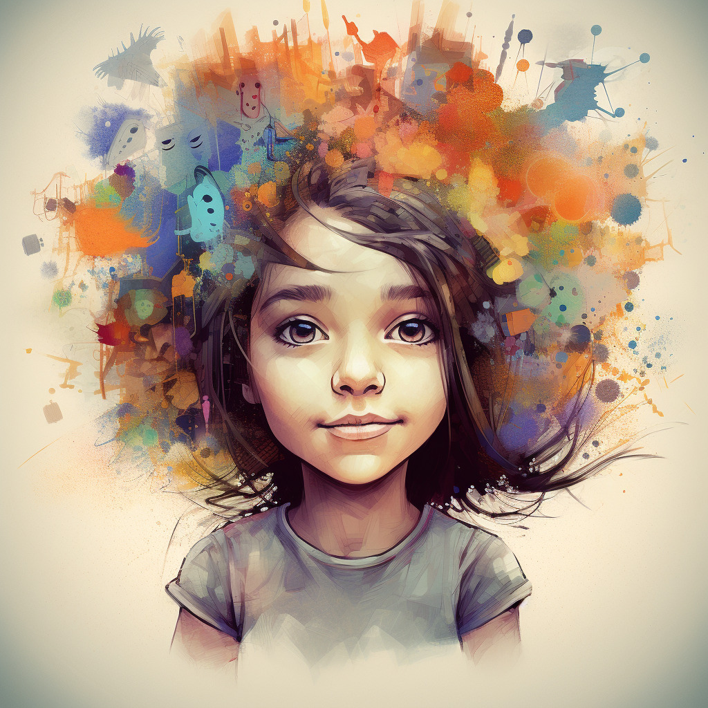 Kuvassa maalausmainen kuva, jossa lapsi, jolla päässään kranssina erivärisiä roiskemaisesti maalattuja väripisaroita ja väriraitoja, lapsi hymyilee vienosti, hänellä on olkapäitä hipovat hiukset.