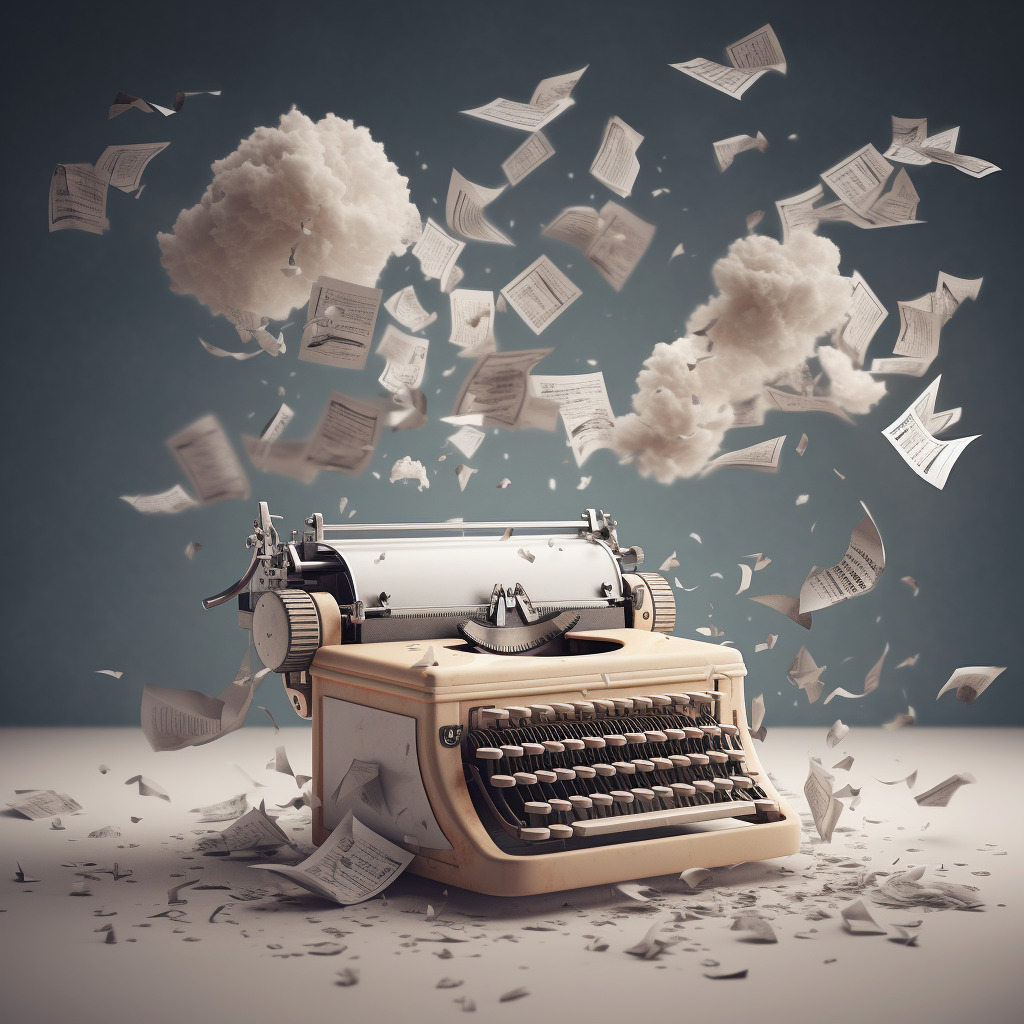 Kuvassa on tekoälyllä tehty maalauksenomainen kuva, jossa on kirjoituskone, jossa on paperiarkki. Sen yläpuolella leijailee pilviä ja kirjoitusta omaavia paperiarkkeja. 