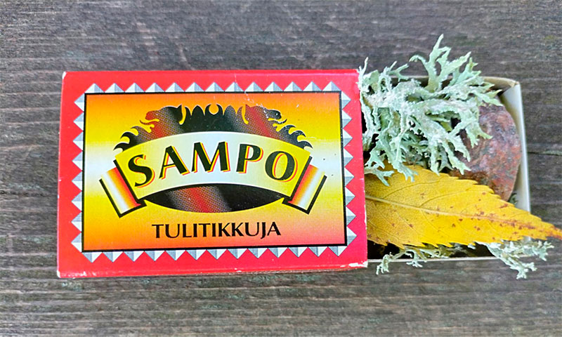 Kuvassa on tulitikkurasia, joka on puoliksi auki. Sen sisältä näkyy jäkälää, kivi ja syksyn kellertämä lehti.