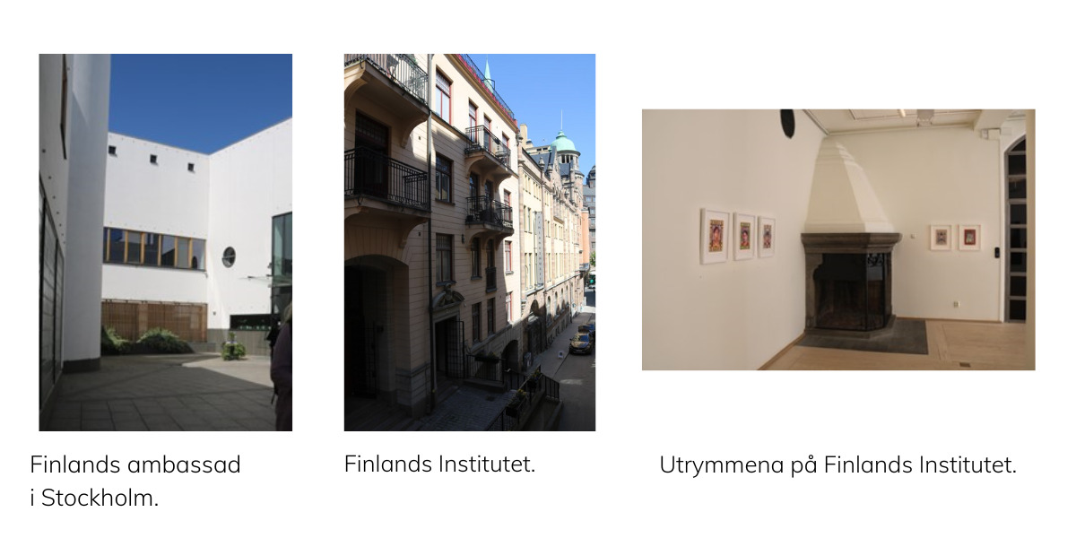 Kuvassa kolmen kuvan kollaasi: Innergård i stenbeläggning omringad av byggnad i vita fasader. Öppen lokal med färggrann panelvägg och blankbonat granit golv. Gammal stenbyggnad med gul fasad längs en liten gränd med trappor längs fasaden. Rum med vita väggarmed små tavlor på väggarna och hög eldstad med mörkt gnistskydd av glas i hörnet.