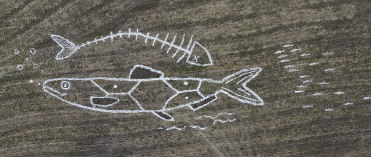 Ilmakuva vastapuidusta pellosta, jossa on kaksi isoa kalanmuotoista kuviota. Kaloista toinen on kalanruoto, toinen normaalin kalan kaltainen. 