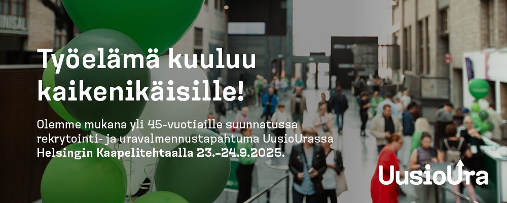 Kuvassa vaakamallinen mainosbanneri UusioUra-tapahtumasta ja tekstissä kerrotaan, että olemme mukana.