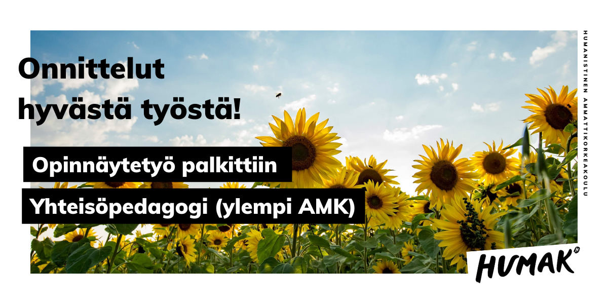 Vaakamuotinen banneri, jossa auringonkukkapelto, taustalla sini-valkoinen taivas, teksti onnittelut hyvästä työstä, palkittu yhteisöpedagogi ylempi amk-opinnäytetyö.