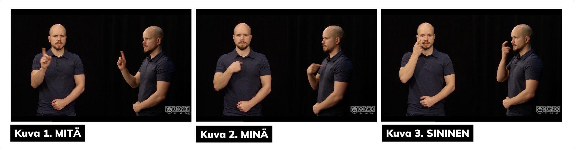 Kuvat 1,2,3: viittomat           MITÄ, MINÄ, SININEN.