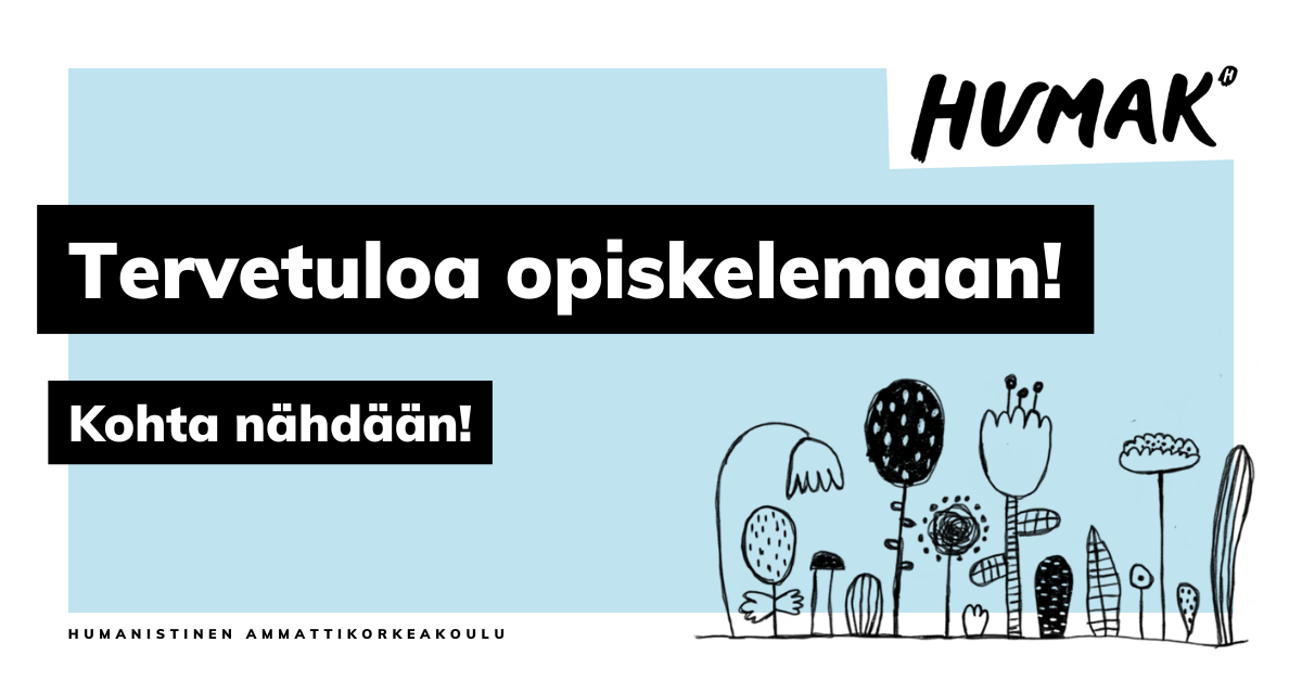 Sinistä taustaa vasten piirroskukkasia ja tekstiä.