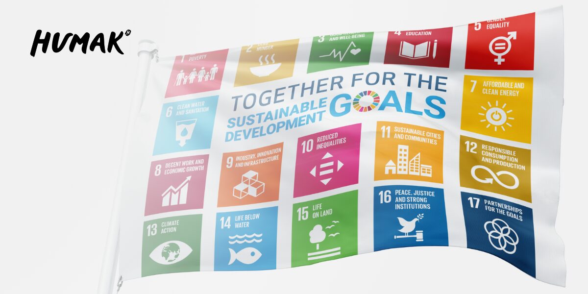 YK:n kestävän kehityksen lippu liehuu salossa valkoista taivasta vasten.