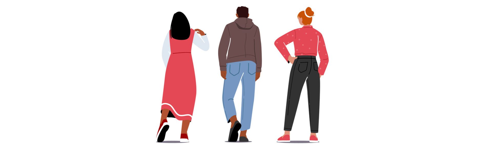 Piirroskuva: Kolme nuorta aikuista kuvattuna takaapäin