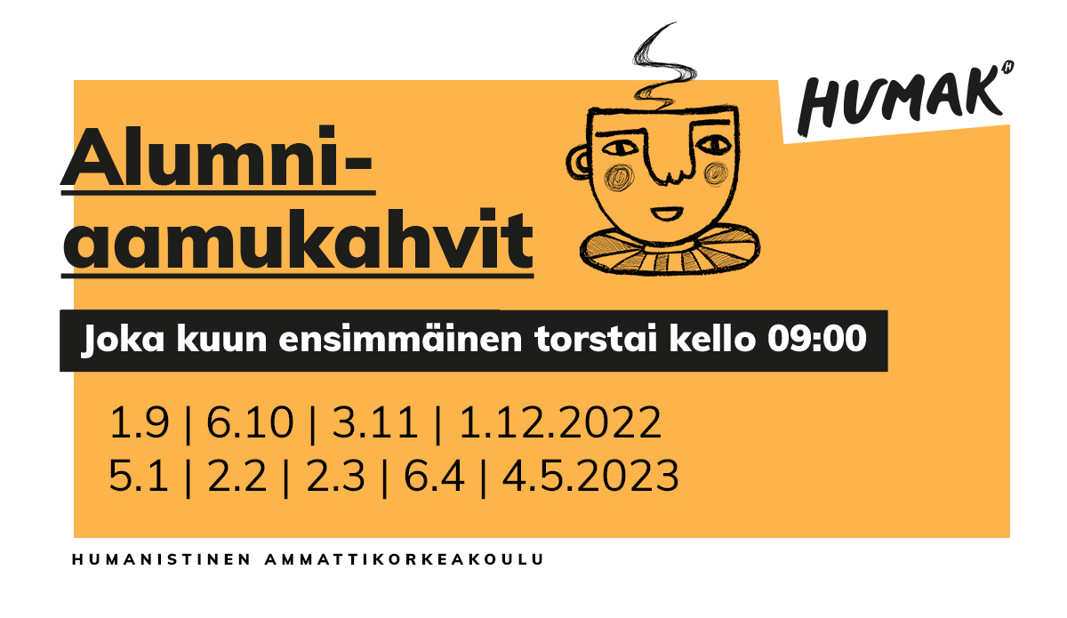 Alumniaamukahvit järjestetään joka kuun ensimmäisenä torstaina kello 9.00.