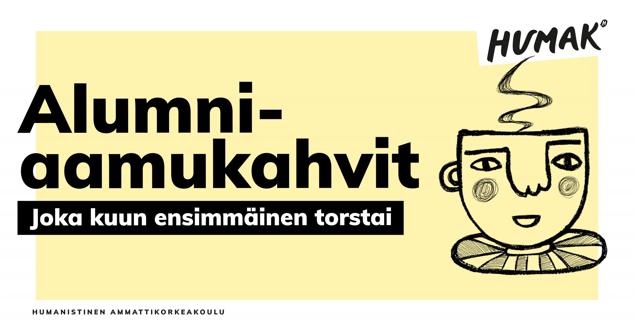 Keltapohjainen nostokuva alumniaamukahveista, piirros kahvikuppikuva jossa kasvojen hahmo.